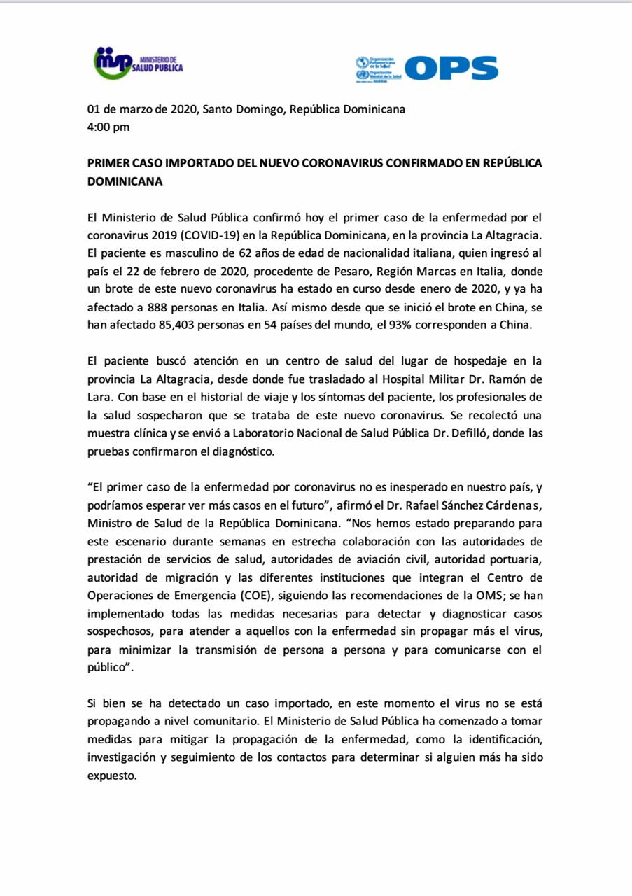 Comunicado de Prensa Ministerio de Salud Pública y Oficina Panamericana de la Salud (OPS)